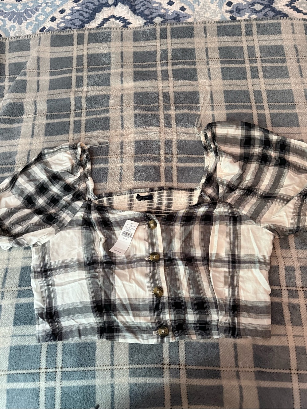 2 NWT American Eagle Plaid Button-Front Top Princess Sleeves